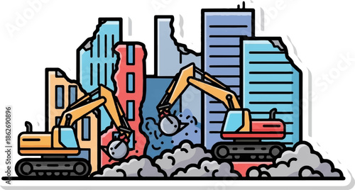 Cartoon illustration of two excavators with wrecking balls demolishing a row of damaged buildings into rubble