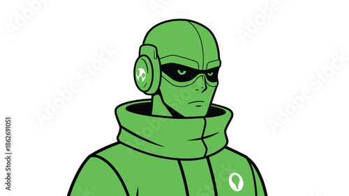 Green-clad superhero with intense gaze and futuristic headgear.