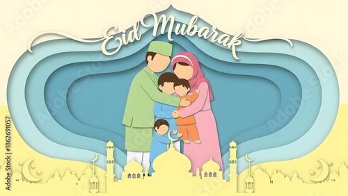 Happy Muslim Family Eid Mubarak Greeting in 3D Paper Cut Style Illustration
