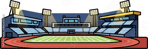 Cartoon sports stadium with a football field, running track, and bright spotlights illuminating the venue