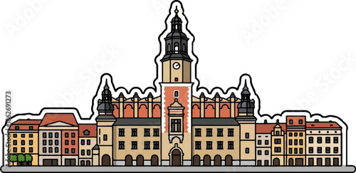 Cartoon style illustration of a European old town cityscape featuring a central clock tower and historic buildings