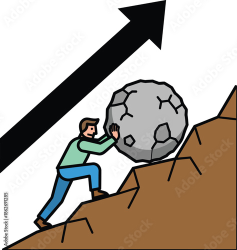 A determined cartoon man in casual clothes pushing a large cracked boulder up a steep jagged hill.