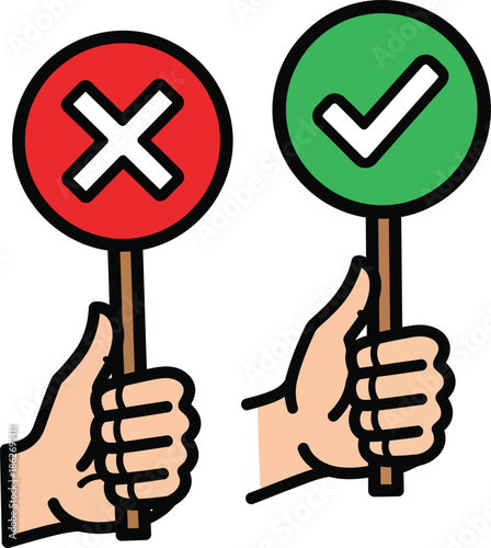 A pair of cartoon hands holding round signs with a red cross and a green checkmark.