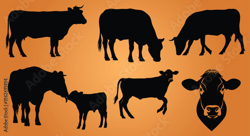 Cow silhouettes against a vibrant orange gradient background