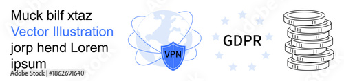 Data security, GDPR compliance, cybersecurity, encryption, privacy protection, data storage. Shield labeled VPN with globe and data icons. Data security and GDPR compliance