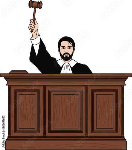 Authoritative male judge in a black robe and jabot raising a wooden gavel.