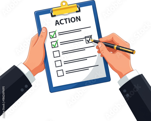 Businessmans hands in a suit ticking off an action plan checklist on a blue clipboard.