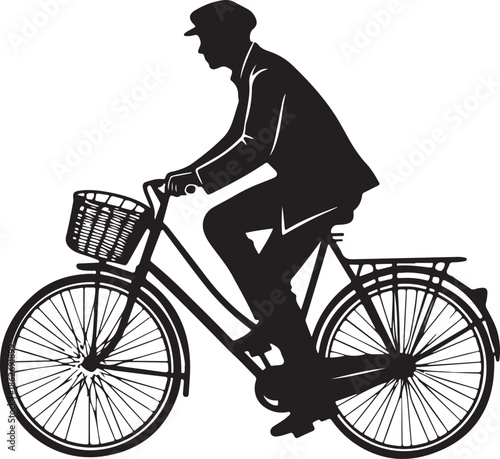 Man riding vintage bicycle with basket silhouette vector illustration