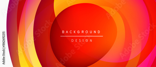 Abstract layers create vibrant red, orange, yellow gradients. Modern design features central text element. Smooth shapes suggest movement.