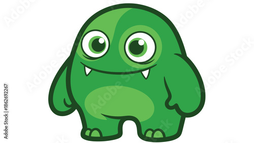 Cute Green Monster Cartoon Character with Big Eyes and Small Fangs.