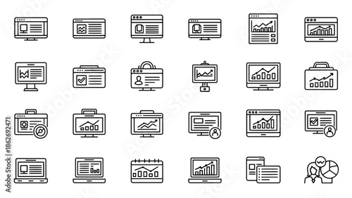 Collection of business and analytics icons in a minimalist black line design. Includes computers, laptops, charts, graphs, and business elements