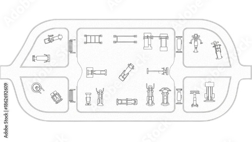 Aerial View of an Outdoor Fitness Park Layout with Various Exercise Equipment