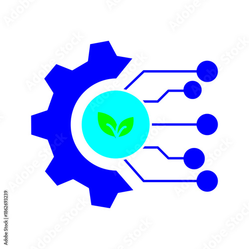 Eco Technology and Green Process Line Icon  Minimal line icon combining gear, leaf, and digital nodes symbolizing eco technology, sustainable process, and green innovation. Ideal for environmental, cl