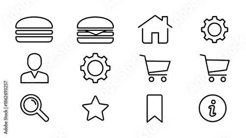 A set of simple, line-drawn icons, including food, navigation, settings, user profile, shopping, search, favorites, and info. All the icons are in a thin black outline style on a white background