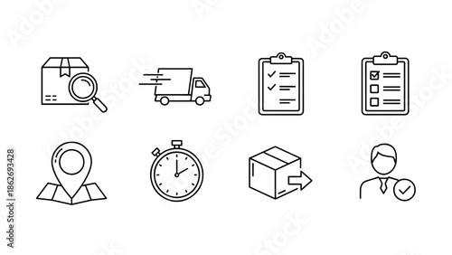 A set of simple, monochrome icons depicting shipping and delivery processes, including a box, truck, clipboard, time, location, and user verification