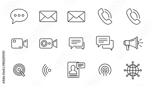 A set of simple communication icons in a linear style, including speech bubbles, envelopes, phones, and a megaphone
