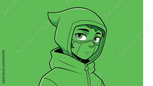 Green-themed anime character with a hooded cloak and mask.