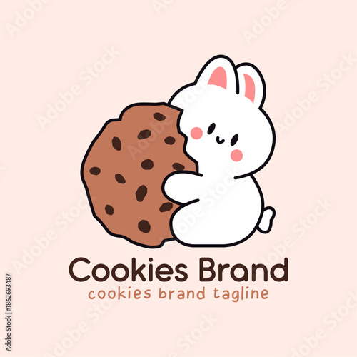 Rabbit mascot hugging a large chocolate chip cookie in side view, kawaii bakery logo design with pink cheeks on peach background.