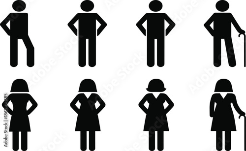 PrintBlack human silhouette icon set featuring male and female figures in standing poses and elderly people with walking canes isolated on white.
