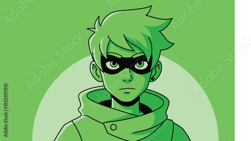 Green-toned illustration of a young man with a mask and hoodie.