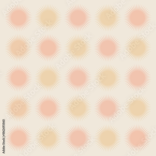 Seamless pattern of abstract sunburst motifs in pastel colors on a cream background