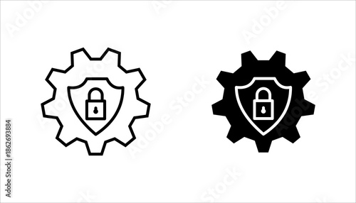 Security Protection Gear Line Icon set. Minimal line icon of a gear with shield and padlock symbol representing security, protection, and system safety. Suitable for cybersecurity, data protection,