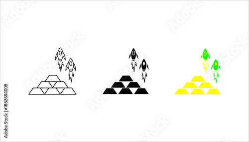Startup Growth and Investment Gold Bars Line Icon set. Line icon showing rockets launching above stacked gold bars symbolizing startup growth, investment, and financial success. 