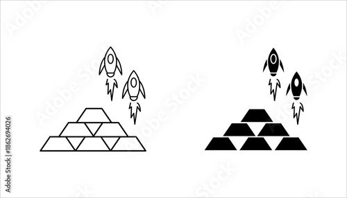 Startup Growth and Investment Gold Bars Line Icon set. Line icon showing rockets launching above stacked gold bars symbolizing startup growth, investment, and financial success. 