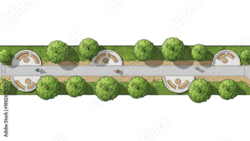 Urban Streetscape Design with Greenery and Seating Areas