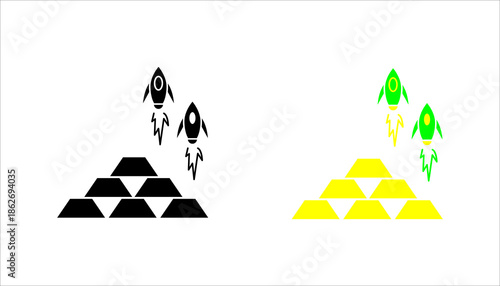 Startup Growth and Investment Gold Bars Line Icon set. Line icon showing rockets launching above stacked gold bars symbolizing startup growth, investment, and financial success. 