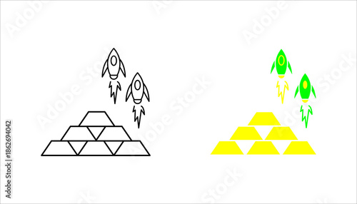 Startup Growth and Investment Gold Bars Line Icon set. Line icon showing rockets launching above stacked gold bars symbolizing startup growth, investment, and financial success. 