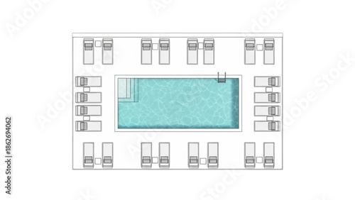 Aerial view illustration of a modern resort swimming pool area with perfectly arranged lounge chairs, ideal for luxurious summer relaxation and leisure