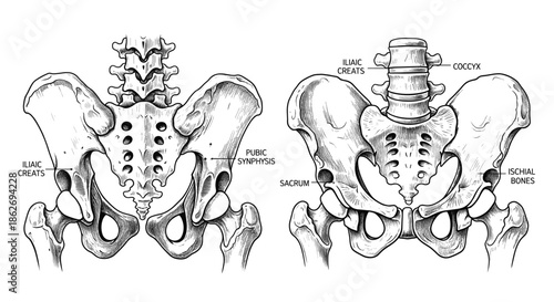 Detailed black and white line art vector illustration of human anatomical pelvis bone structure with labels for sacrum coccyx and pubic symphysis.