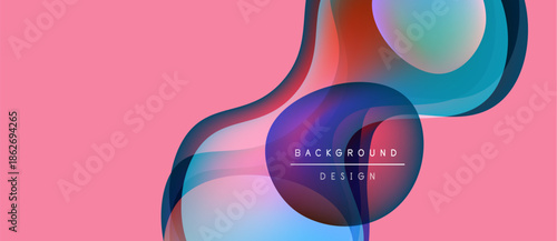 Abstract fluid shapes overlap, creating vibrant color gradients. Pink backdrop complements blue, red hues. Modern design element.