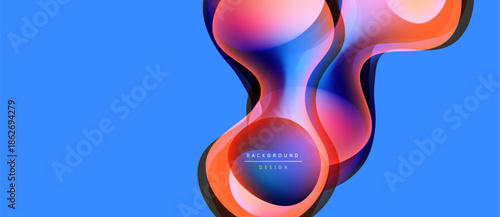 Abstract fluid shapes overlap, creating vibrant color gradients. Blue background enhances dynamic composition. Modern design element.