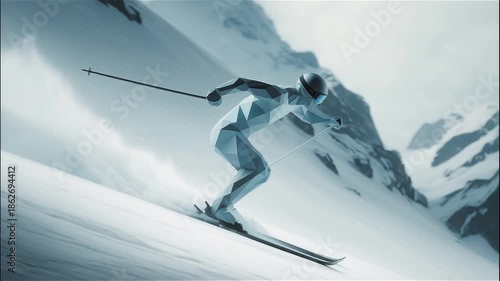 A stylized skier in motion, showcasing dynamic movement on a snowy slope. The figure is depicted in a geometric design.