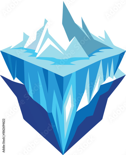 Iceberg graphic with sharp blue geometric shapes on white background