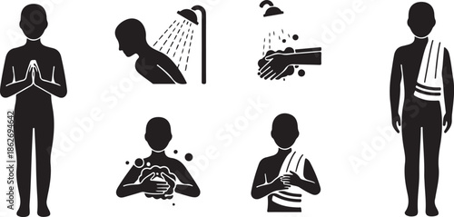 Step-by-step depiction of personal bathing and hygiene process with a towel