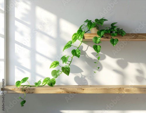 A lush green pothos plant trailing from a wooden shelf in a bright room with natural light
