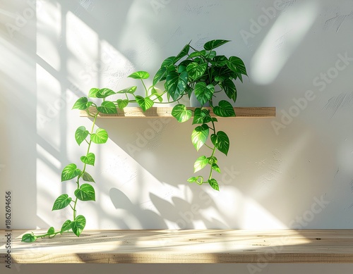 A photorealistic scene of a lush green pothos plant trailing from a wooden shelf in a bright room.