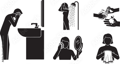 A collection of essential daily personal hygiene and self-care routine icons