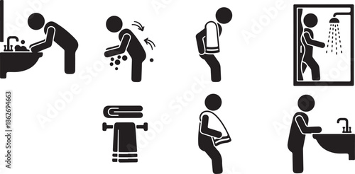 A set of stick figure icons illustrating daily personal hygiene and self-care activities