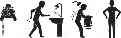 Sequence of daily personal hygiene routine showing washing, showering, and cleanliness
