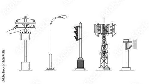 Line art collection of urban infrastructure poles electricity, street, traffic, communication, and security elements