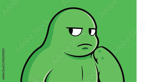 Grumpy Green Blob Character with a Pensive Expression.