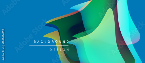 Abstract fluid shapes overlap, creating vibrant color gradients. Blue background complements green, teal hues. Modern design element.