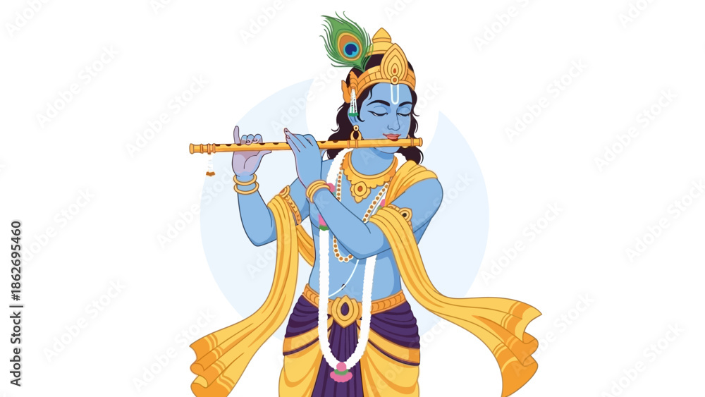 Fototapeta premium Illustration of Krishna playing a flute with traditional Indian attire and peacock feather
