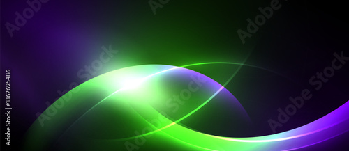 Abstract vibrant curves, luminous green center, purple edges. Dark background creates dramatic visual effect. Smooth gradients present.