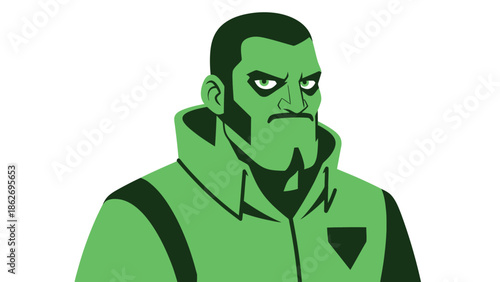 Focused Green-Skinned Character with Intense Gaze and Structured Attire.