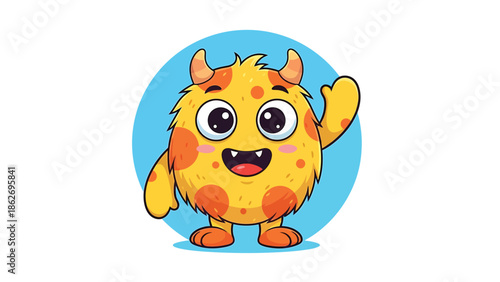 Adorable Yellow Monster Cartoon Character Waving Hand Illustration.